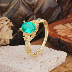 Nature Inspired 4 Prong Golden Vine Oval Cut Emerald Ring