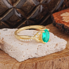 Nature Inspired 4 Prong Golden Vine Oval Cut Emerald Ring