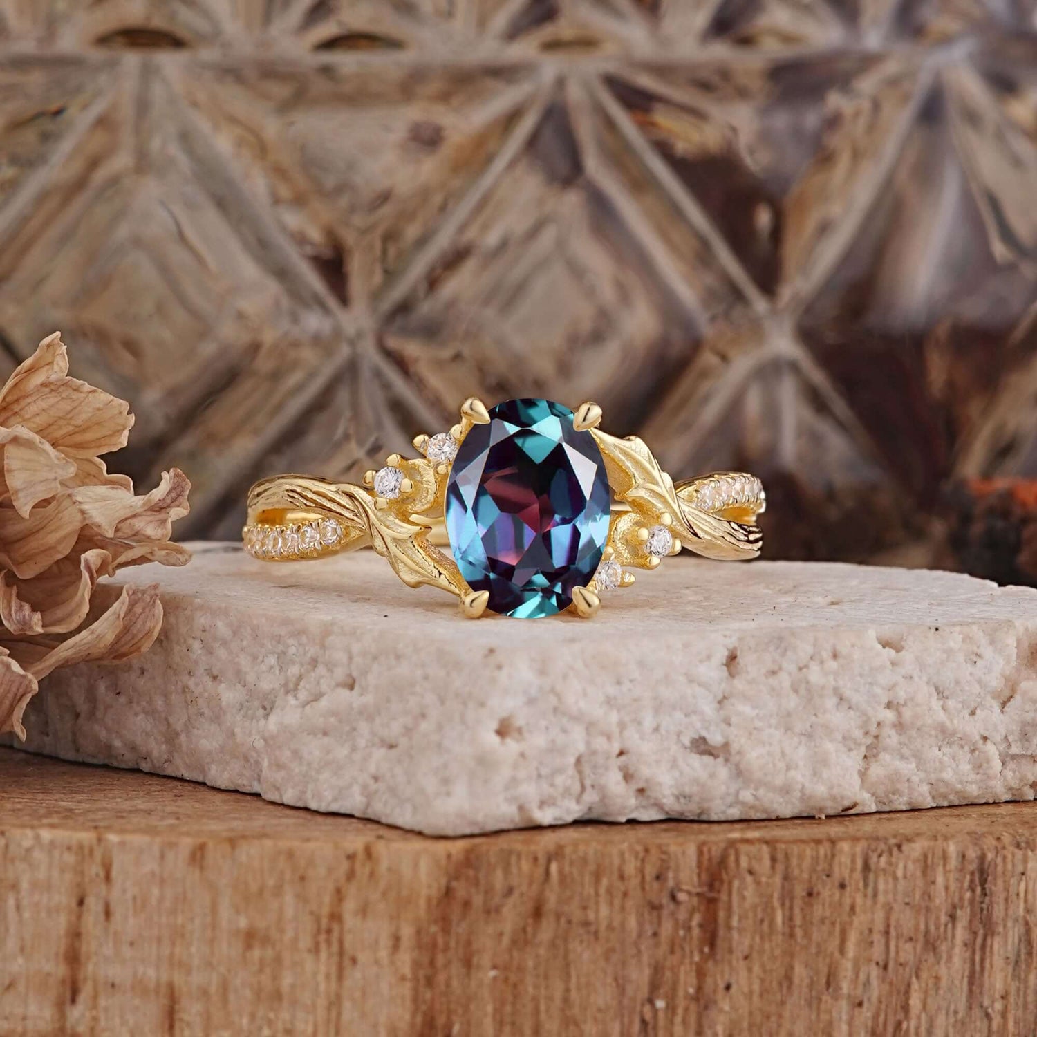 Nature Inspired 4 Prong Golden Vine Oval Cut Alexandrite Engagement Ring