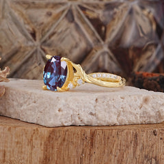 Nature Inspired 4 Prong Golden Vine Oval Cut Alexandrite Ring