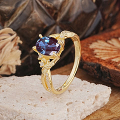 Nature Inspired 4 Prong Golden Vine Oval Cut Alexandrite Ring