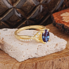 Nature Inspired 4 Prong Golden Vine Oval Cut Alexandrite Ring