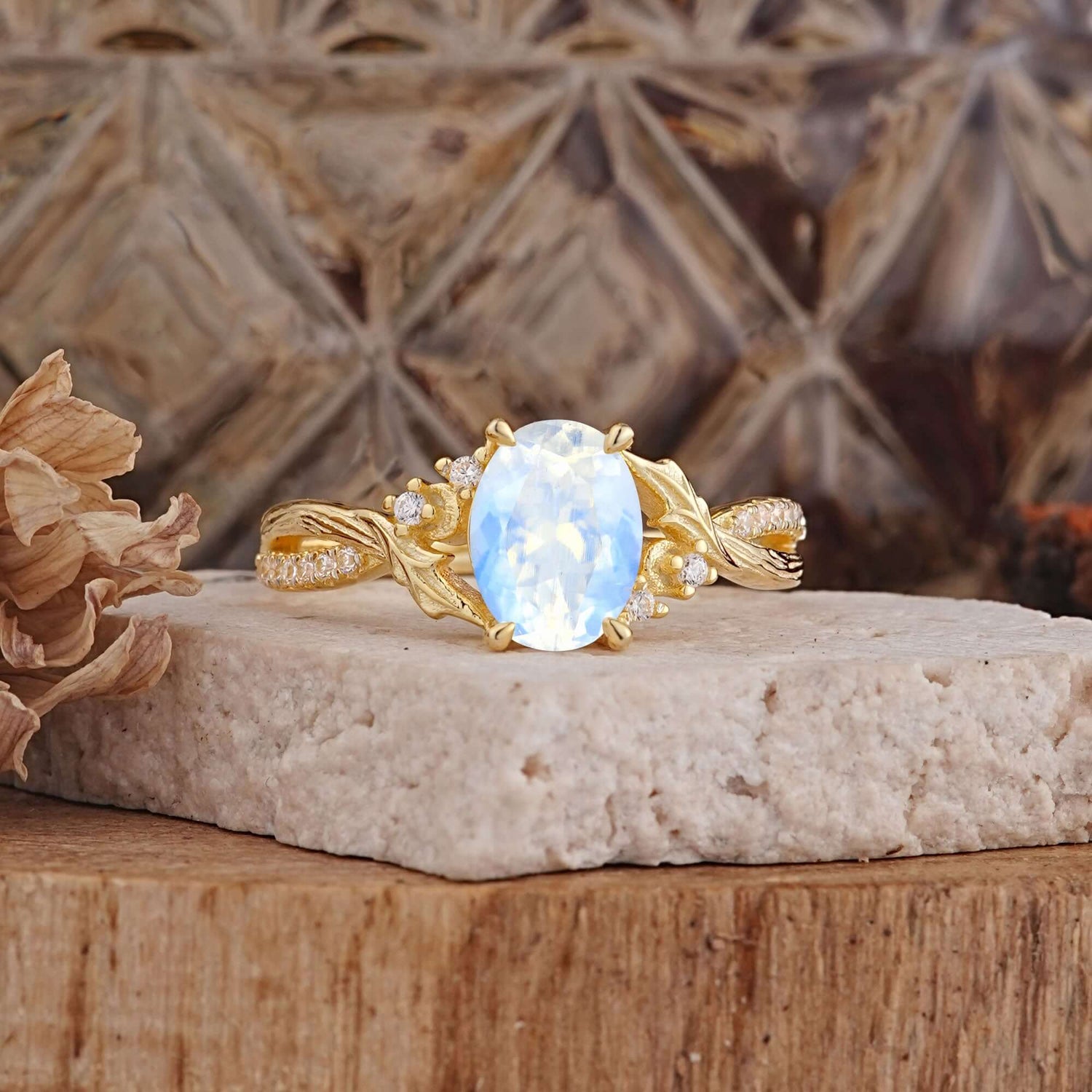 Nature Inspired 4 Prong Golden Vine Oval Cut Moonstone Engagement Ring