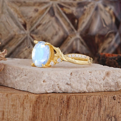 Nature Inspired 4 Prong Golden Vine Oval Cut Moonstone Ring