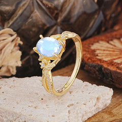Nature Inspired 4 Prong Golden Vine Oval Cut Moonstone Ring