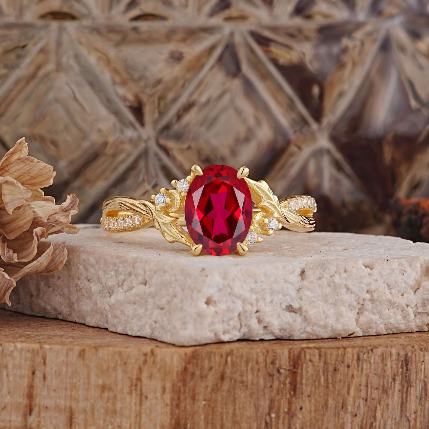 Nature Inspired 4 Prong Golden Vine Oval Cut Ruby Engagement Ring