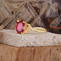 Nature Inspired 4 Prong Golden Vine Oval Cut Ruby Ring