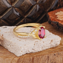 Nature Inspired 4 Prong Golden Vine Oval Cut Ruby Ring