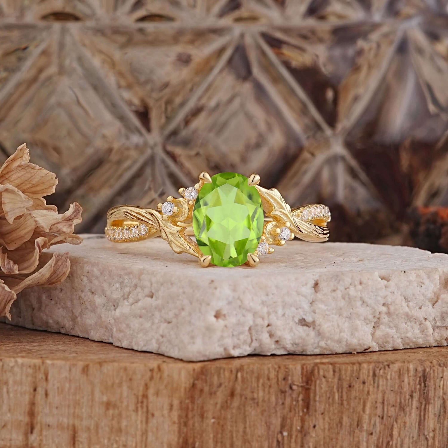 Nature Inspired 4 Prong Golden Vine Oval Cut Peridot Engagement Ring