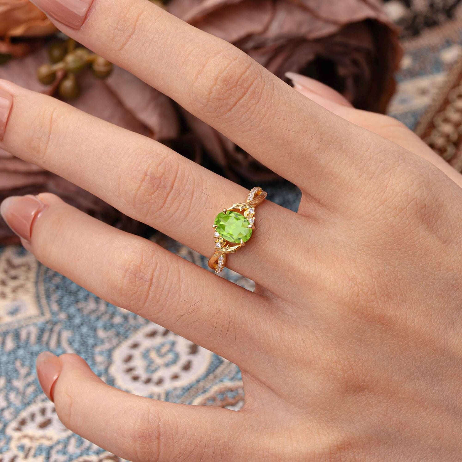 Nature Inspired 4 Prong Golden Vine Oval Cut Peridot Engagement Ring