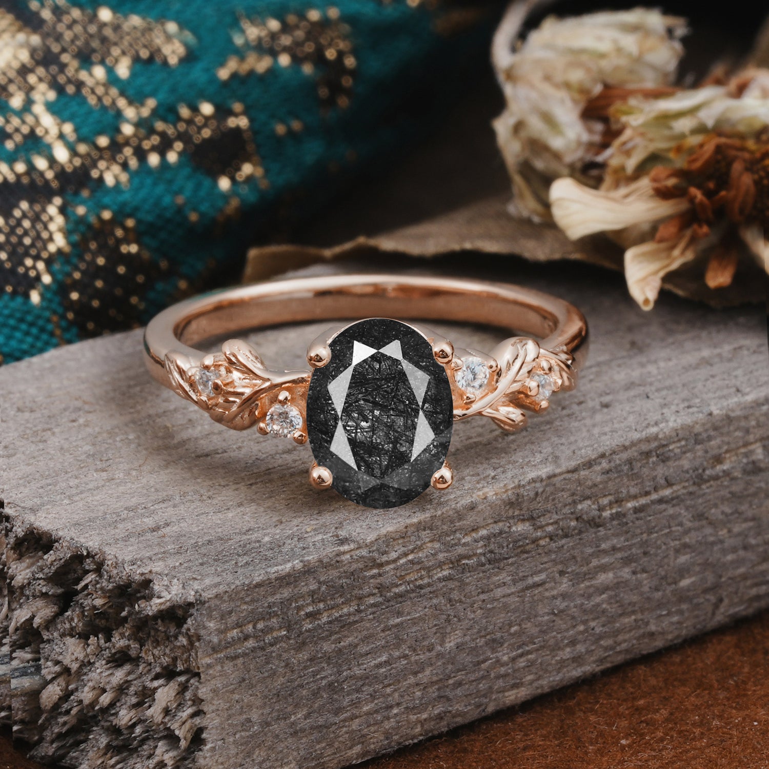 4 Prong Oval Black Rutilated Quartz Engagement Ring for Timeless Love