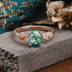 4 Prong Oval Natural Moss Agate Gold Ring for Timeless Love