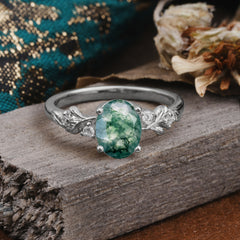 4 Prong Oval Natural Moss Agate Gold Ring for Timeless Love