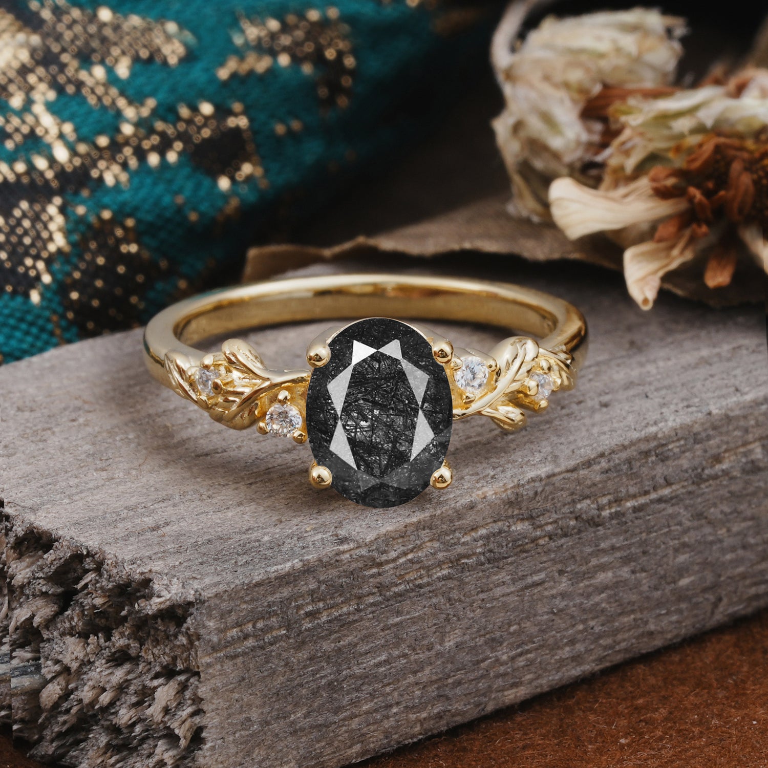 4 Prong Oval Black Rutilated Quartz Engagement Ring for Timeless Love