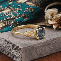4 Prong Oval Black Rutilated Quartz Gold Ring for Timeless Love