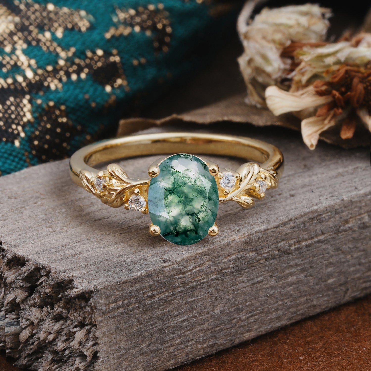 4 Prong Oval Natural Moss Agate Engagement Ring for Timeless Love