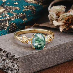 4 Prong Oval Natural Moss Agate Gold Ring for Timeless Love