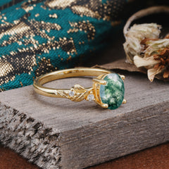 4 Prong Oval Natural Moss Agate Gold Ring for Timeless Love