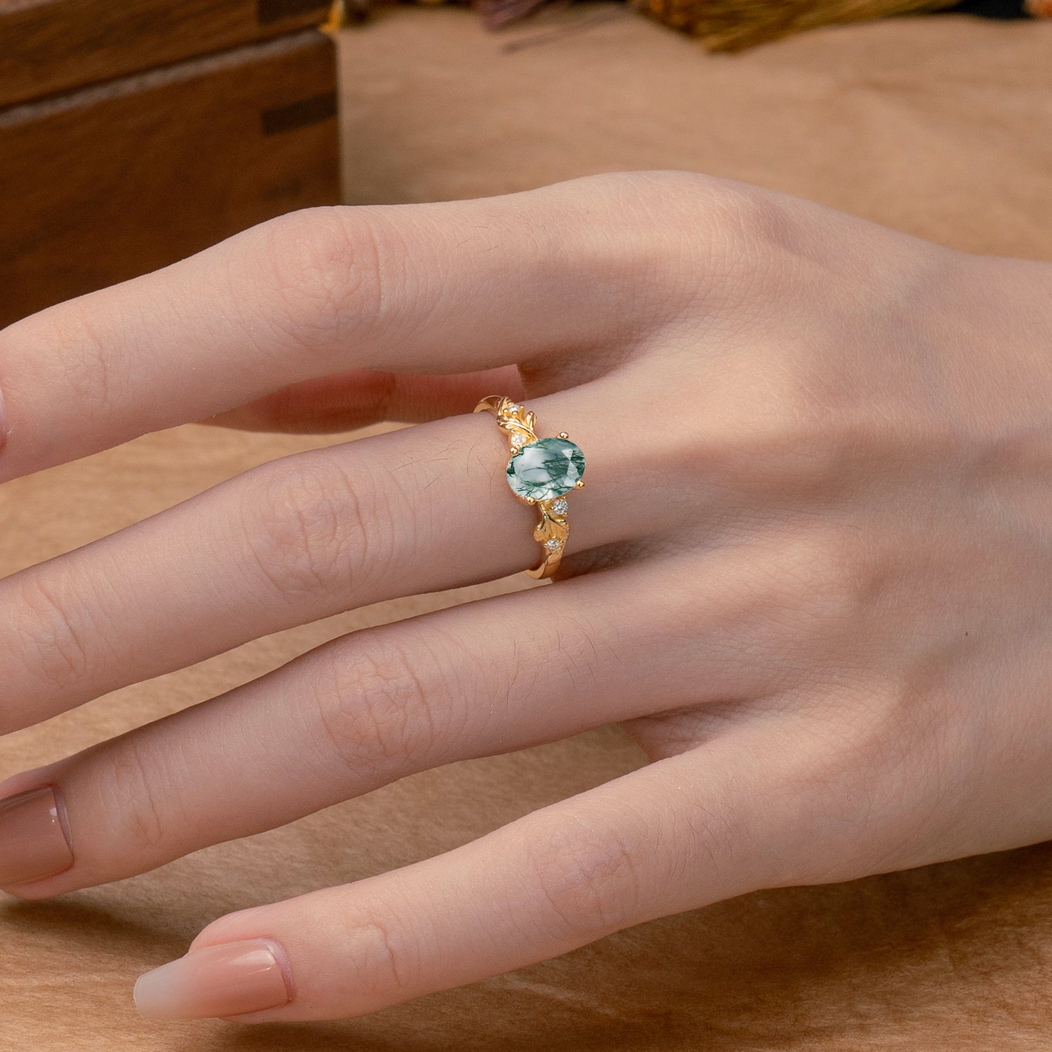 4 Prong Oval Natural Moss Agate Engagement Ring for Timeless Love