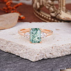 Vintage - Style 4 Prong Emerald Cut Natural Moss Agate Ring