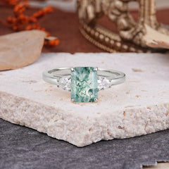 Vintage - Style 4 Prong Emerald Cut Natural Moss Agate Ring