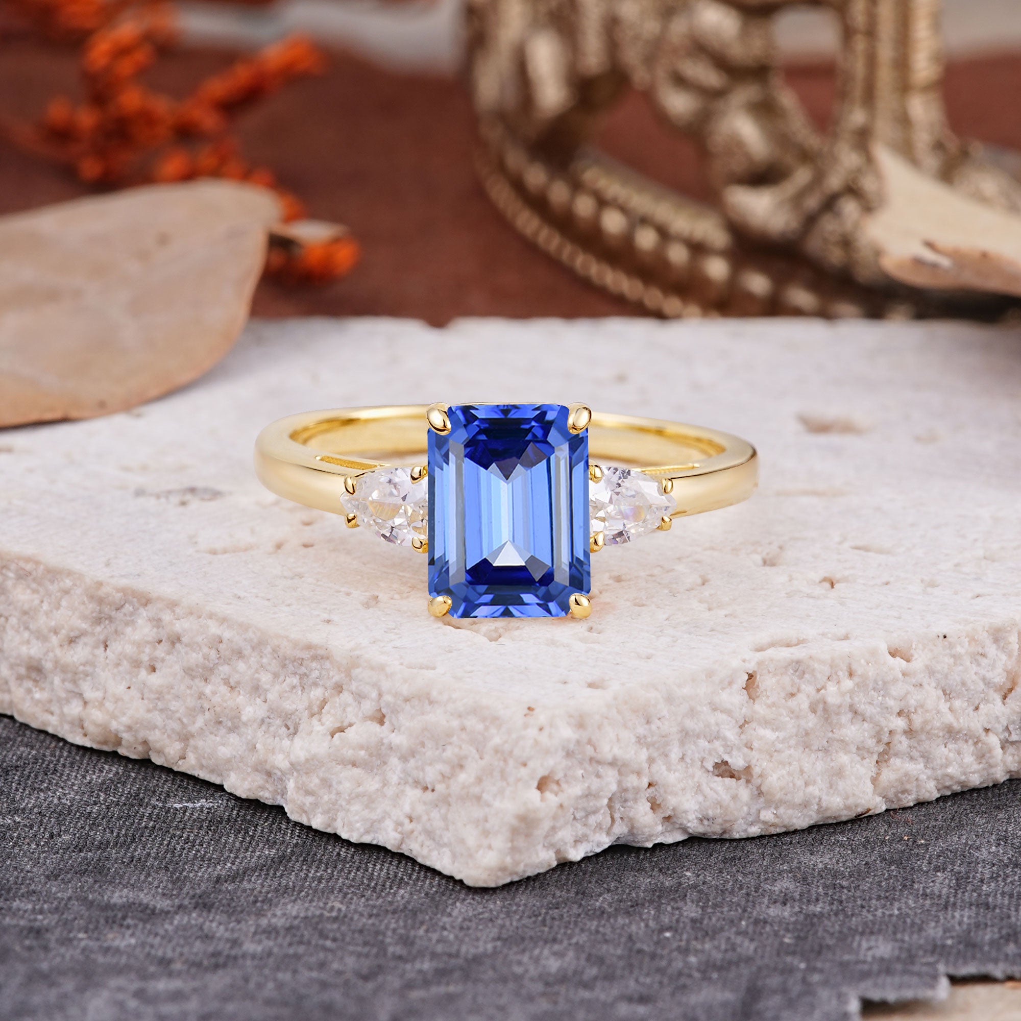 Vintage - Style 4 Prong Emerald Cut Sapphire Engagement Ring - Romalar Jewelry
