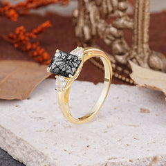 Vintage - Style 4 Prong Emerald Cut Black Rutilated Quartz Ring