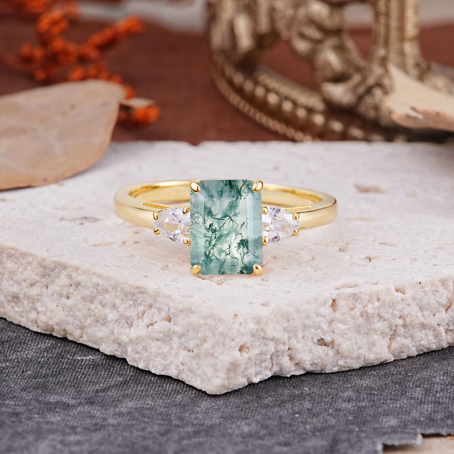 Vintage - Style 4 Prong Emerald Cut Natural Moss Agate Ring