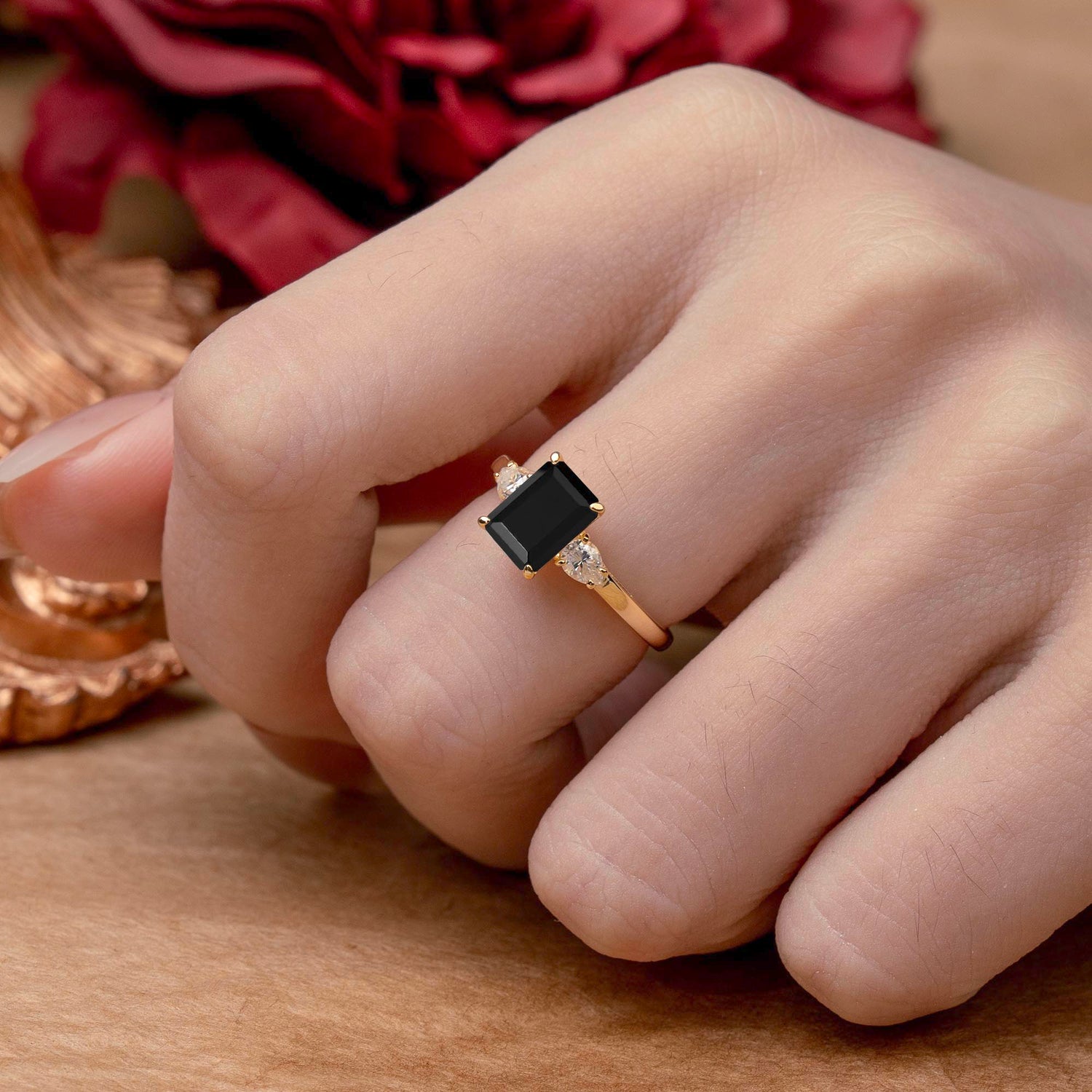 Classic - Style 4 Prong Emerald Cut Black Onyx Engagement Ring