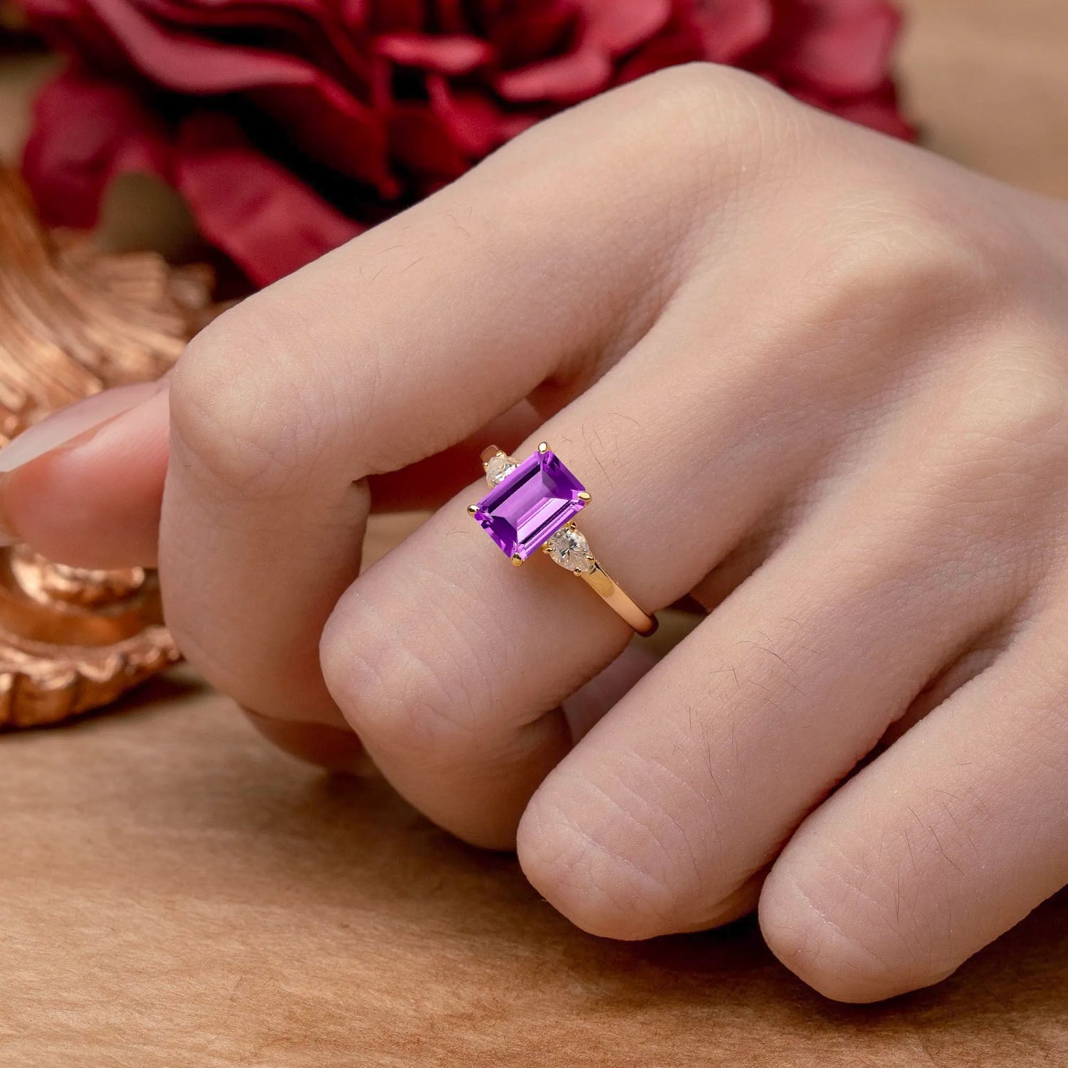 Vintage - Style 4 Prong Emerald Cut Amethyst Engagement Ring