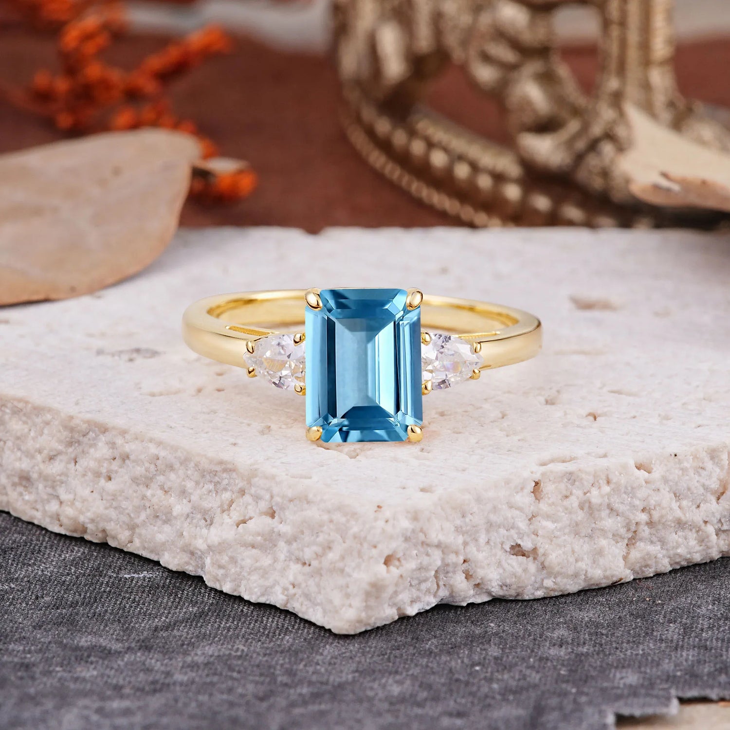 Vintage - Style 4 Prong Emerald Cut Aquamarine Engagement Ring