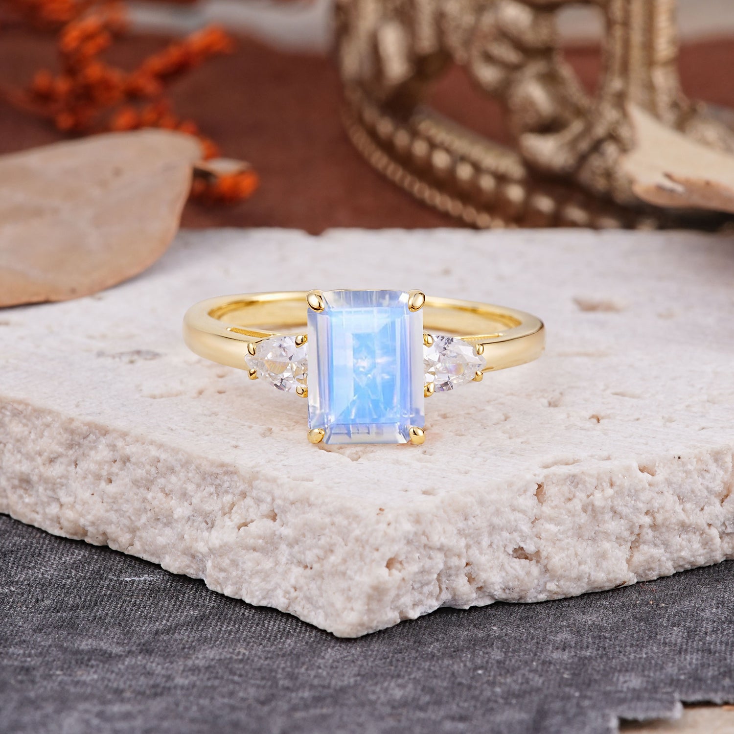 Vintage - Style 4 Prong Emerald Cut Moonstone Engagement Ring