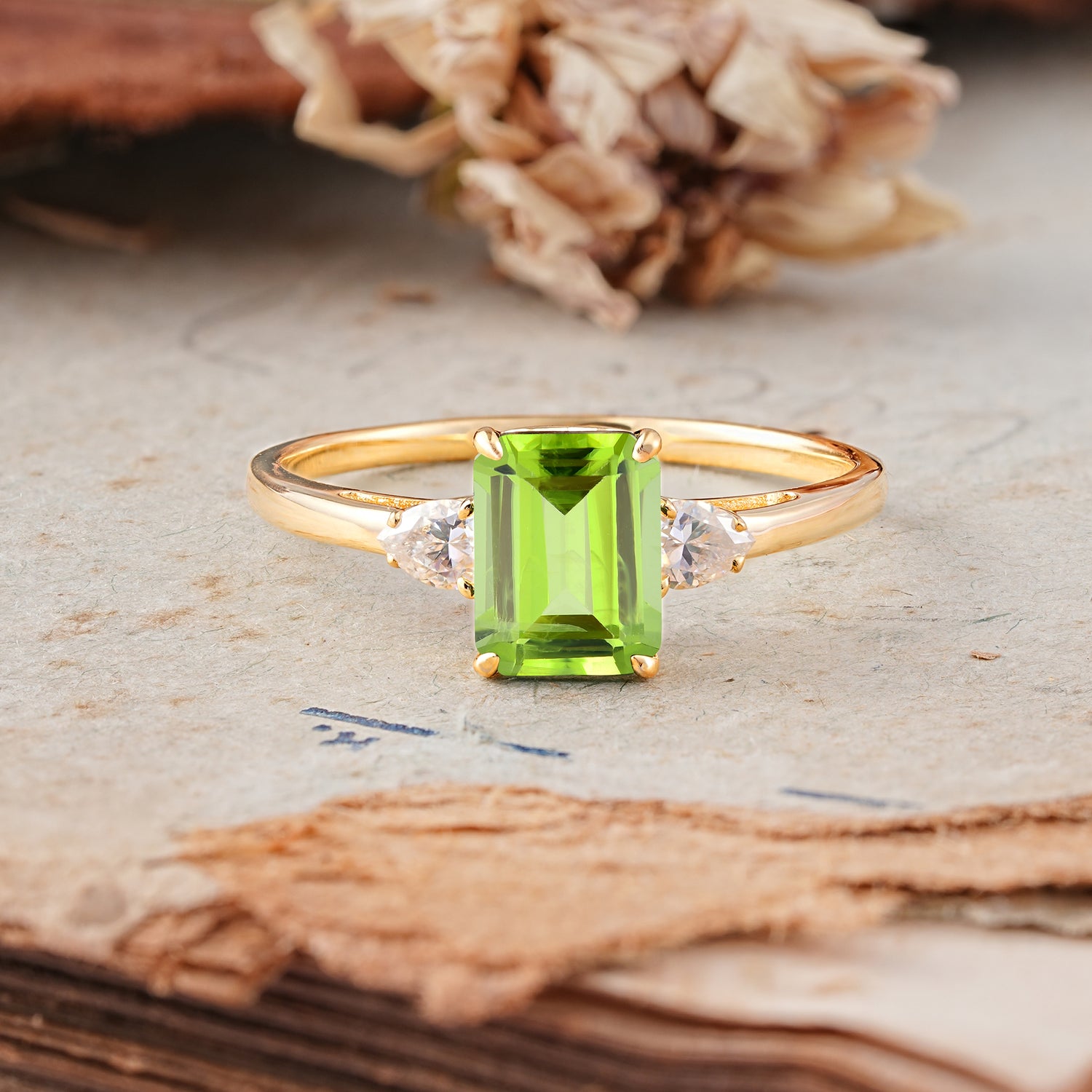 Vintage - Style 4 Prong Emerald Cut Peridot Engagement Ring