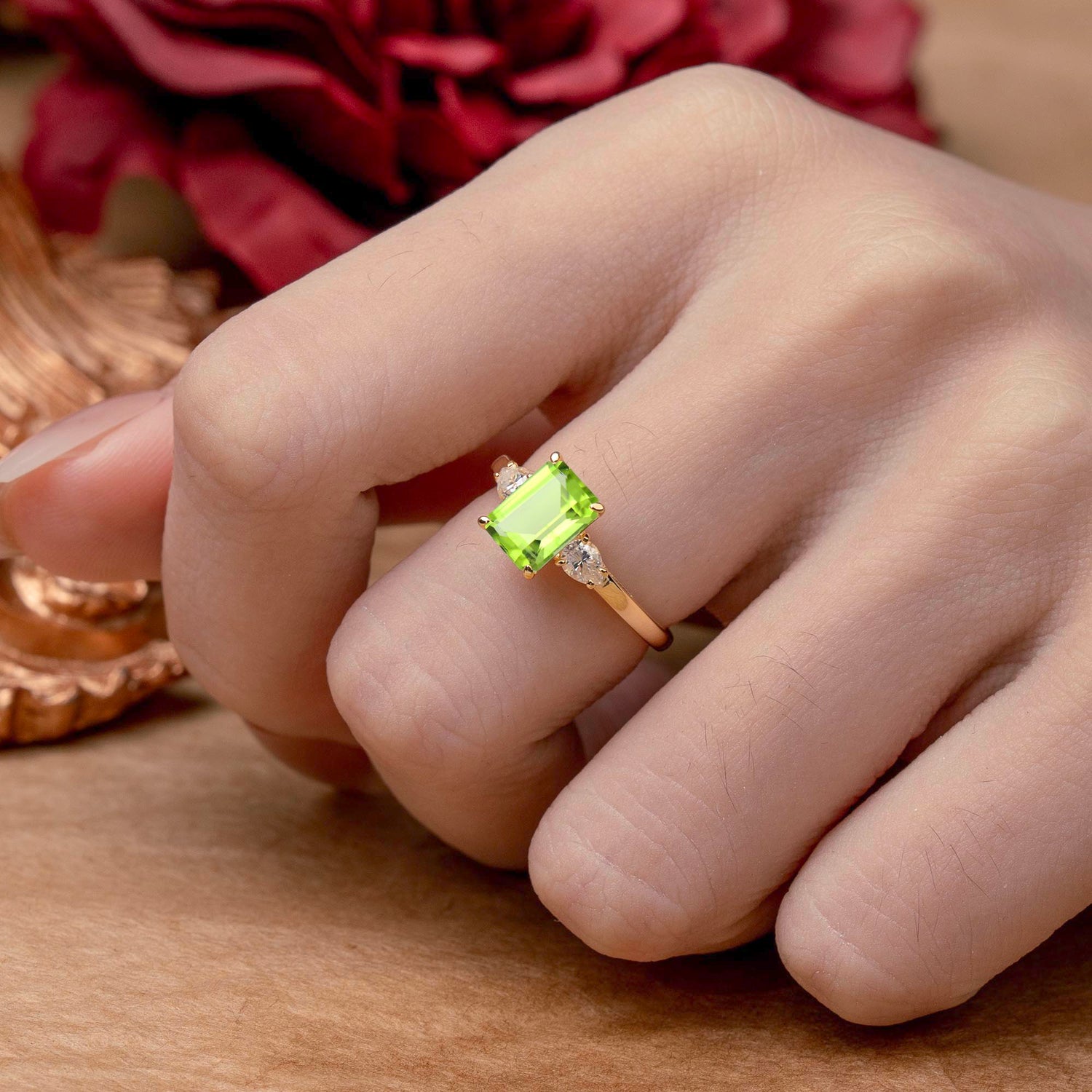 Vintage - Style 4 Prong Emerald Cut Peridot Engagement Ring