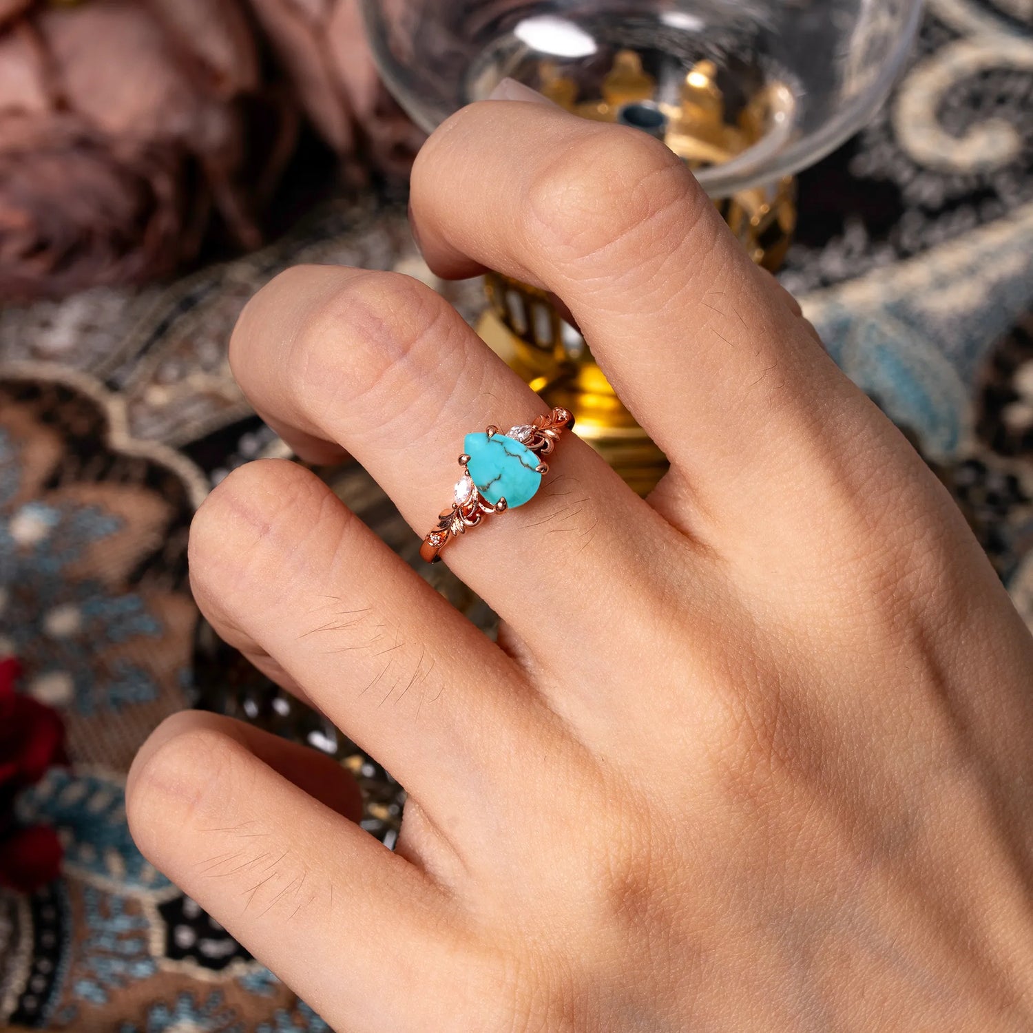Romantic 4-Prong Pear-Cut Turquoise Engagement Ring
