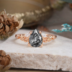 Romantic 4-Prong Pear-Cut Black Rutilated Quartz Engagement Ring