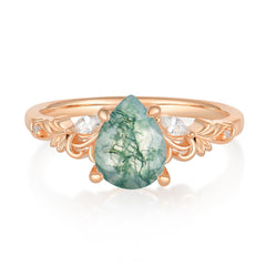 Romantic 4-prong pear-cut Natural Moss Agate engagement ring