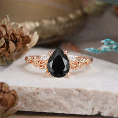 Romantic 4-Prong Pear-Cut Black Onyx Engagement Ring