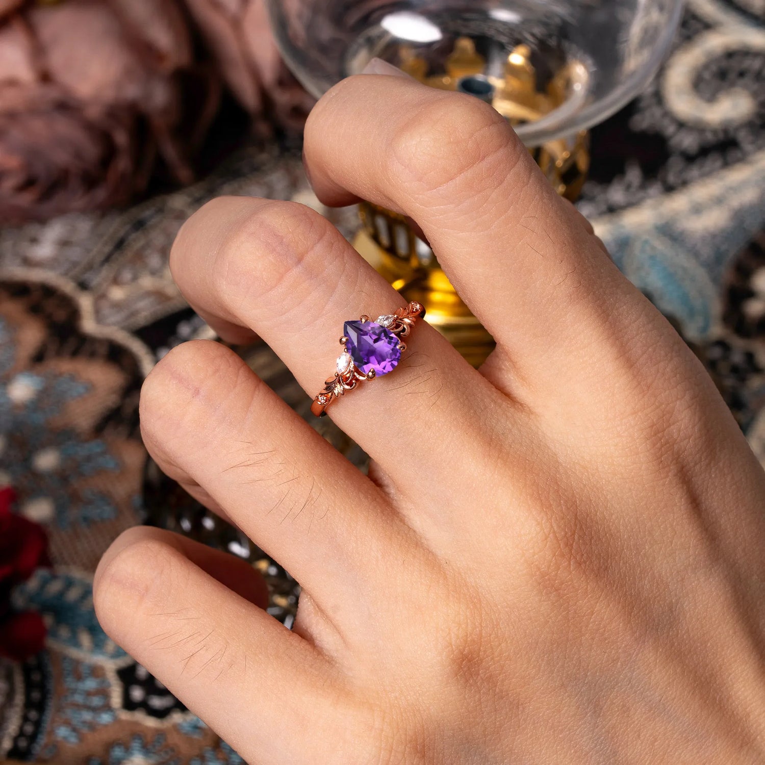 Romantic 4-Prong Pear-Cut Amethyst Engagement Ring