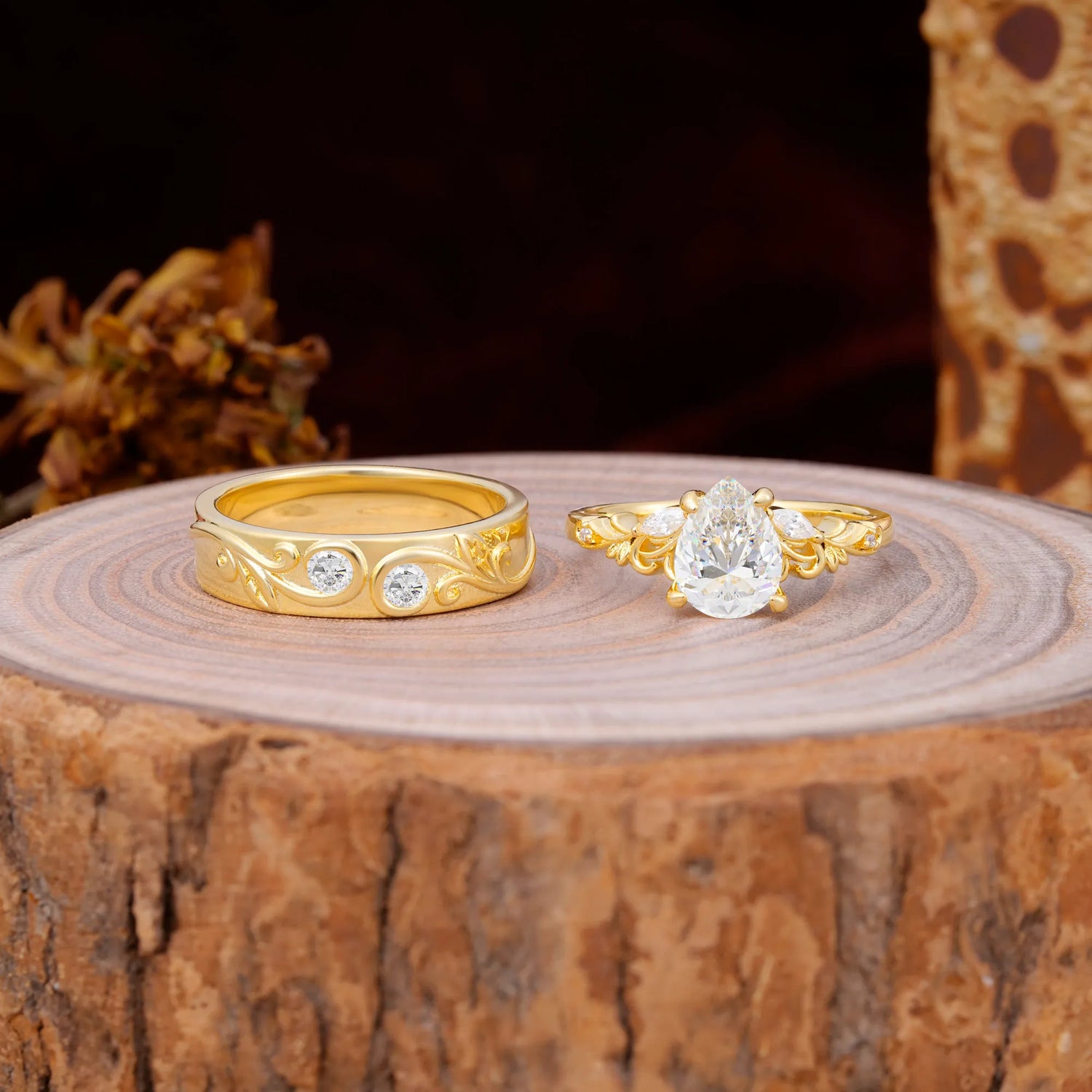 Nature Inspired  Luxurious 4-Prong Pear-Cut Moissanite Engagement Couple Rings