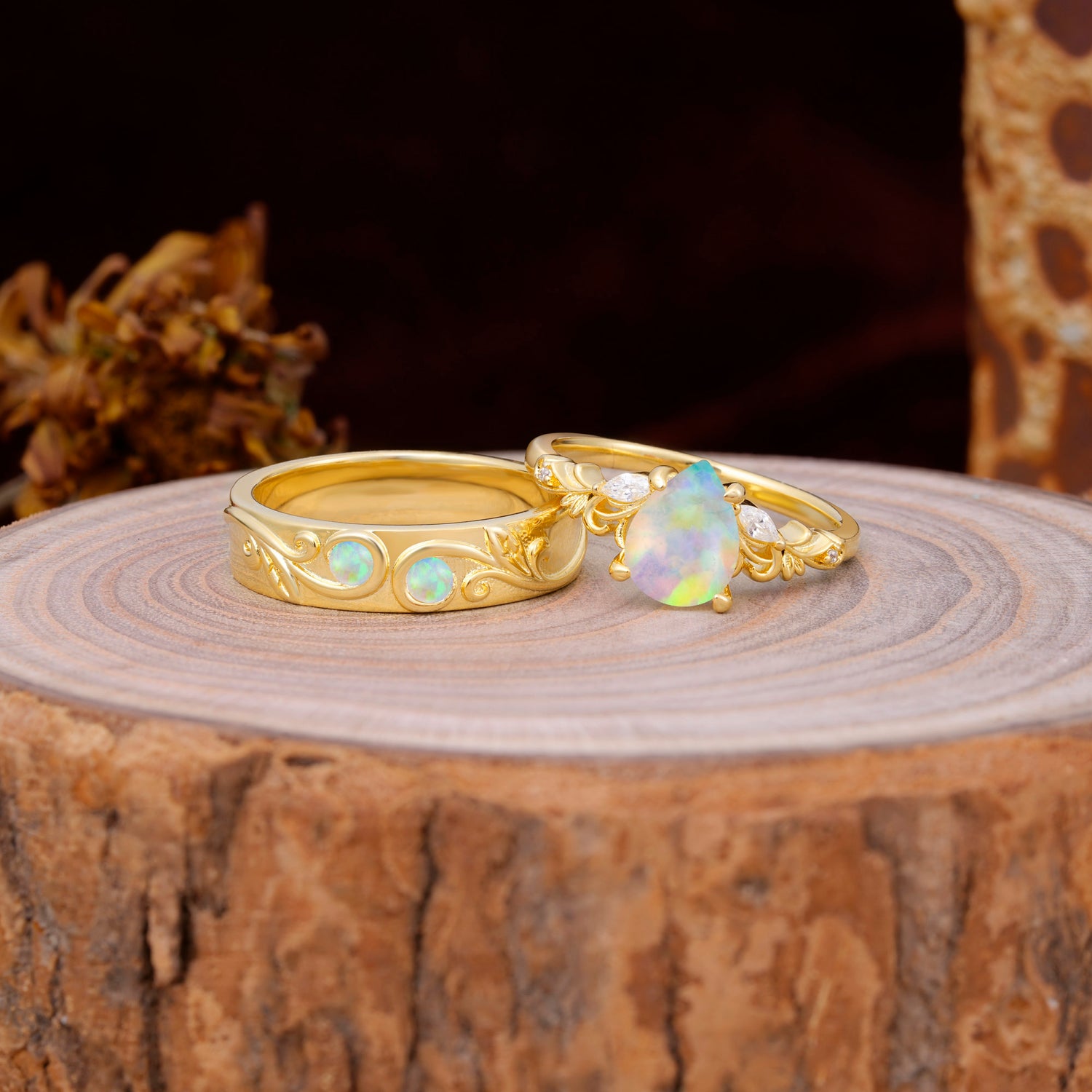 Nature Inspired  Luxurious 4-Prong Pear-Cut Opal Engagement Couple Rings
