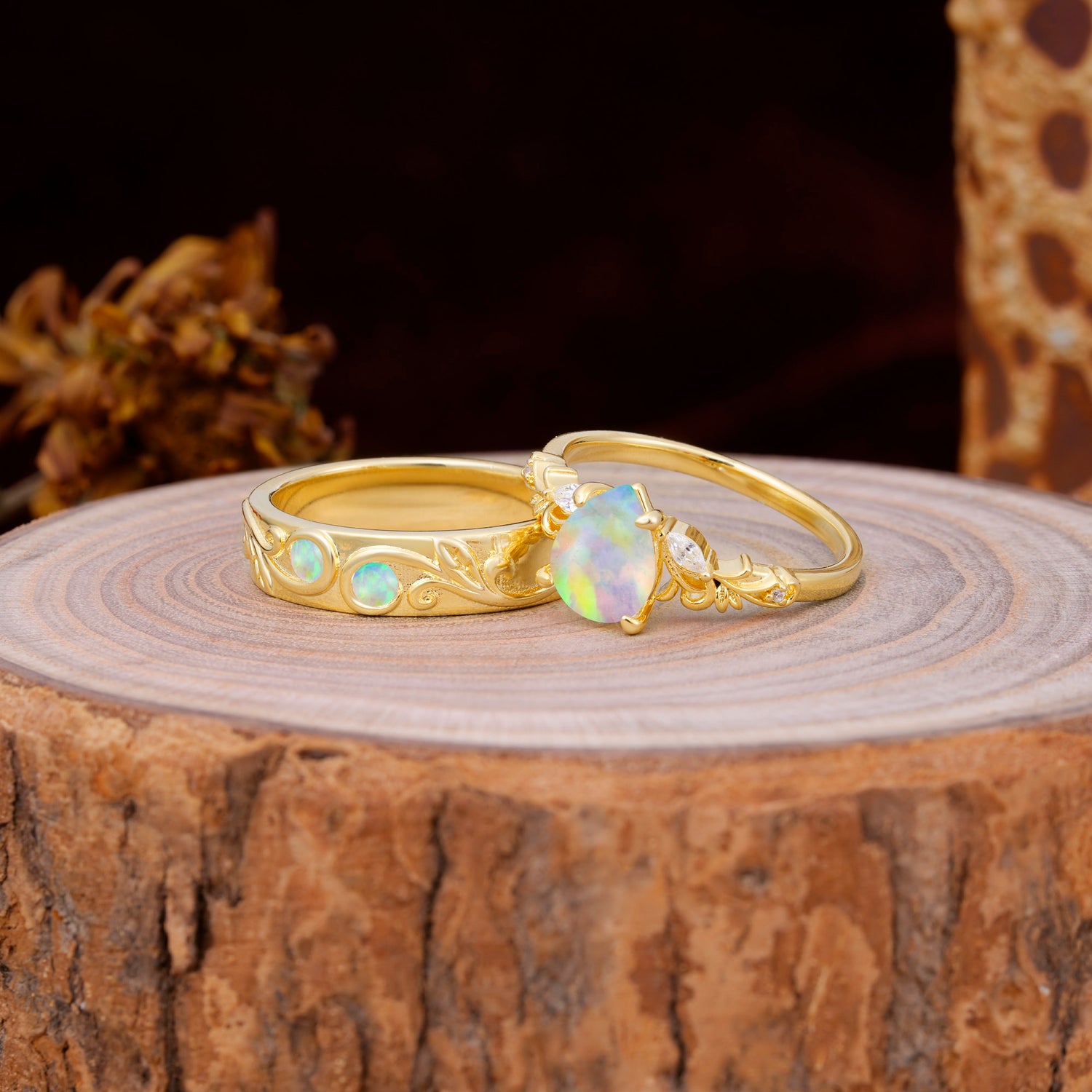 Nature Inspired  Luxurious 4-Prong Pear-Cut Opal Engagement Couple Rings