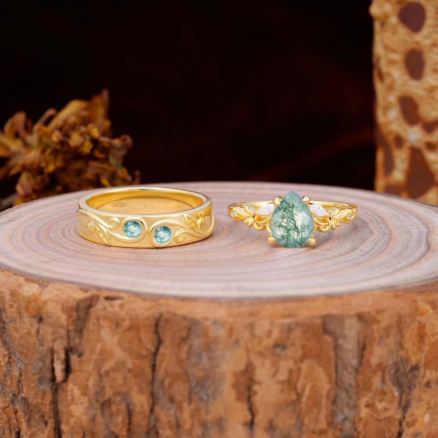 Nature Inspired  Luxurious 4-Prong Pear-Cut Moss Agate Engagement Couple Rings
