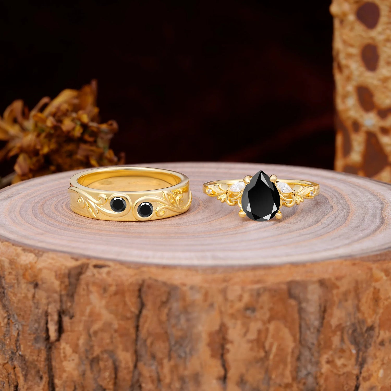 Nature Inspired  Luxurious 4-Prong Pear-Cut Black Onyx Engagement Couple Rings
