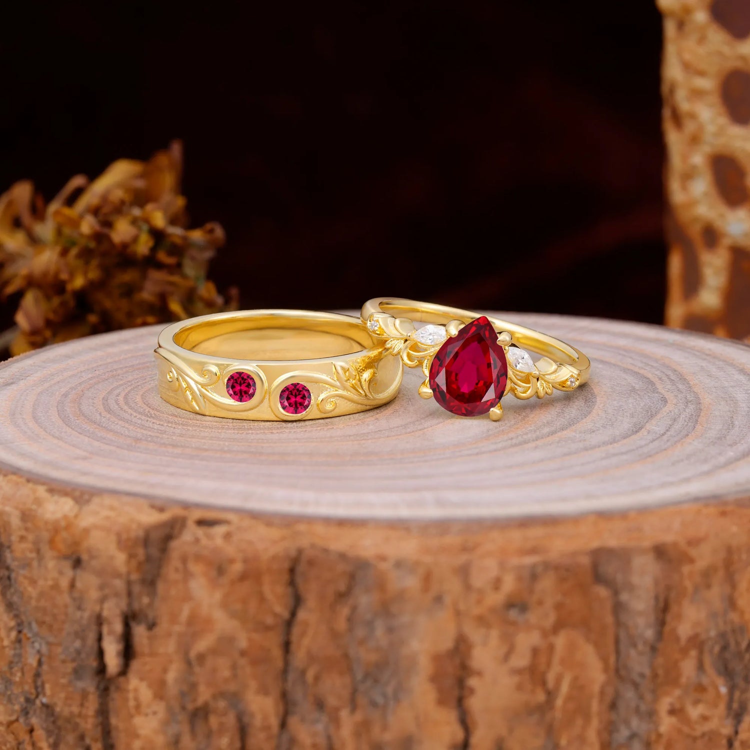 Nature Inspired  Luxurious 4-Prong Pear-Cut Ruby Engagement Couple Rings