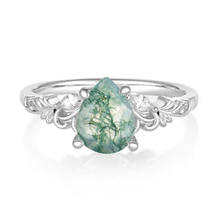 Romantic 4-prong pear-cut Natural Moss Agate engagement ring