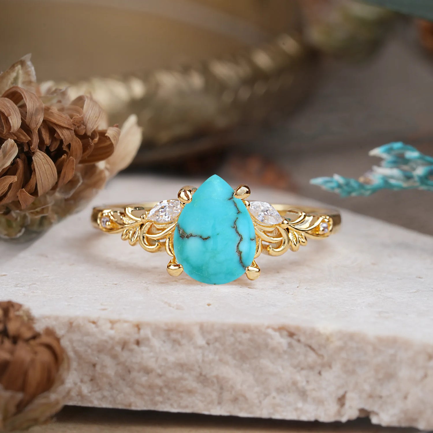 Romantic 4-Prong Pear-Cut Turquoise Engagement Ring