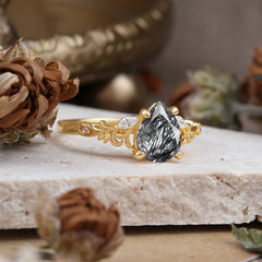 Romantic 4-Prong Pear-Cut Black Rutilated Quartz Engagement Ring