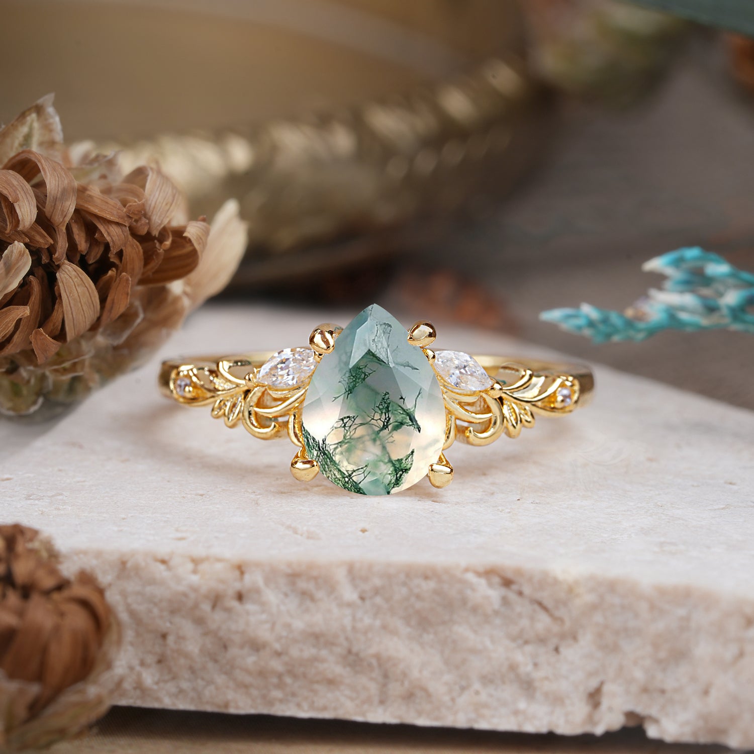 Romantic 4-Prong Pear-Cut Natural Moss Agate Engagement Ring
