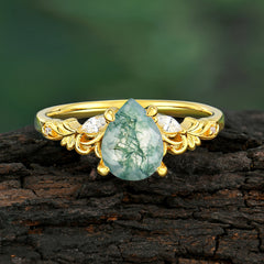Romantic 4-prong pear-cut Natural Moss Agate engagement ring
